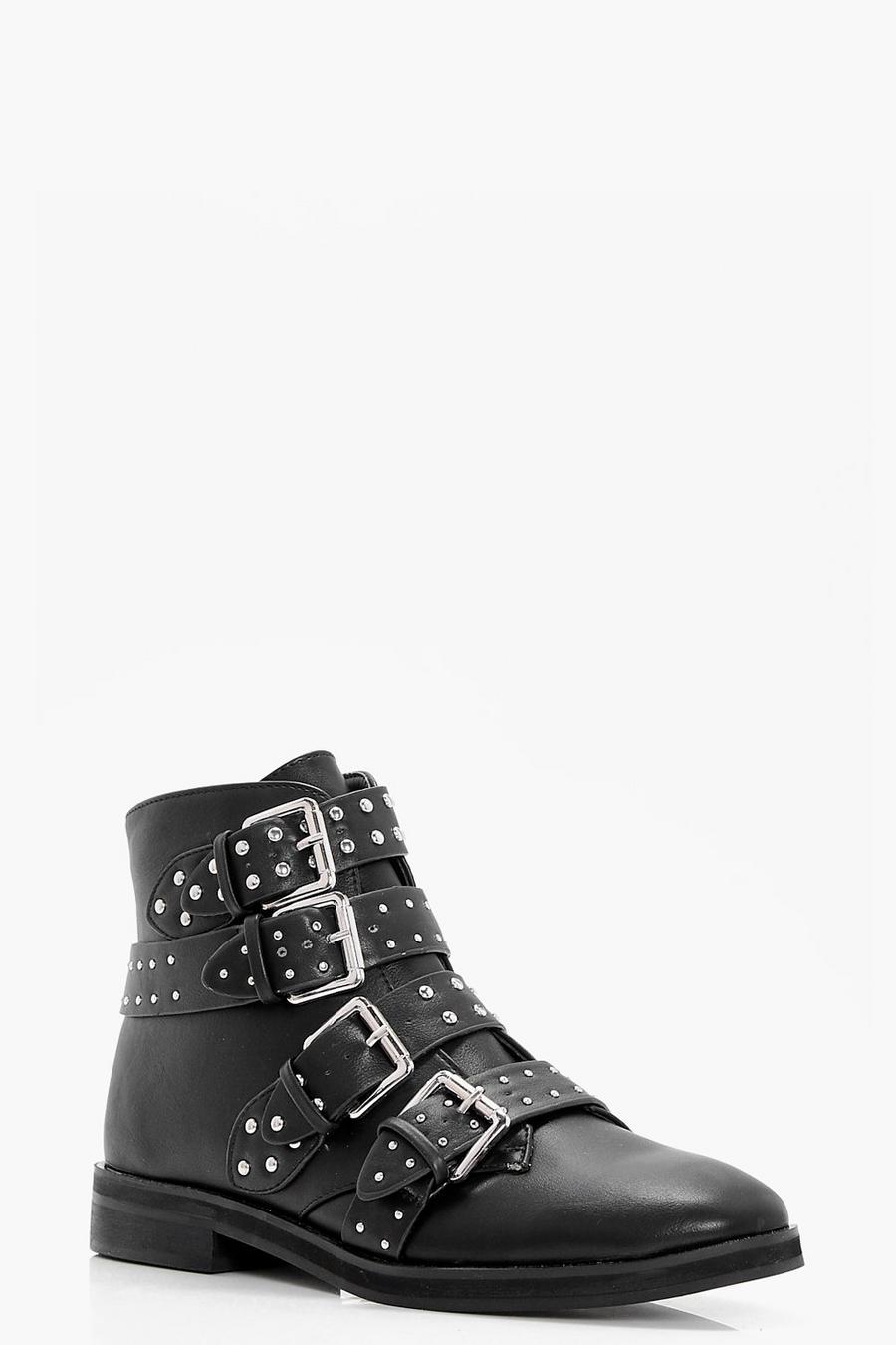 Black Studded Strap Ankle Boots