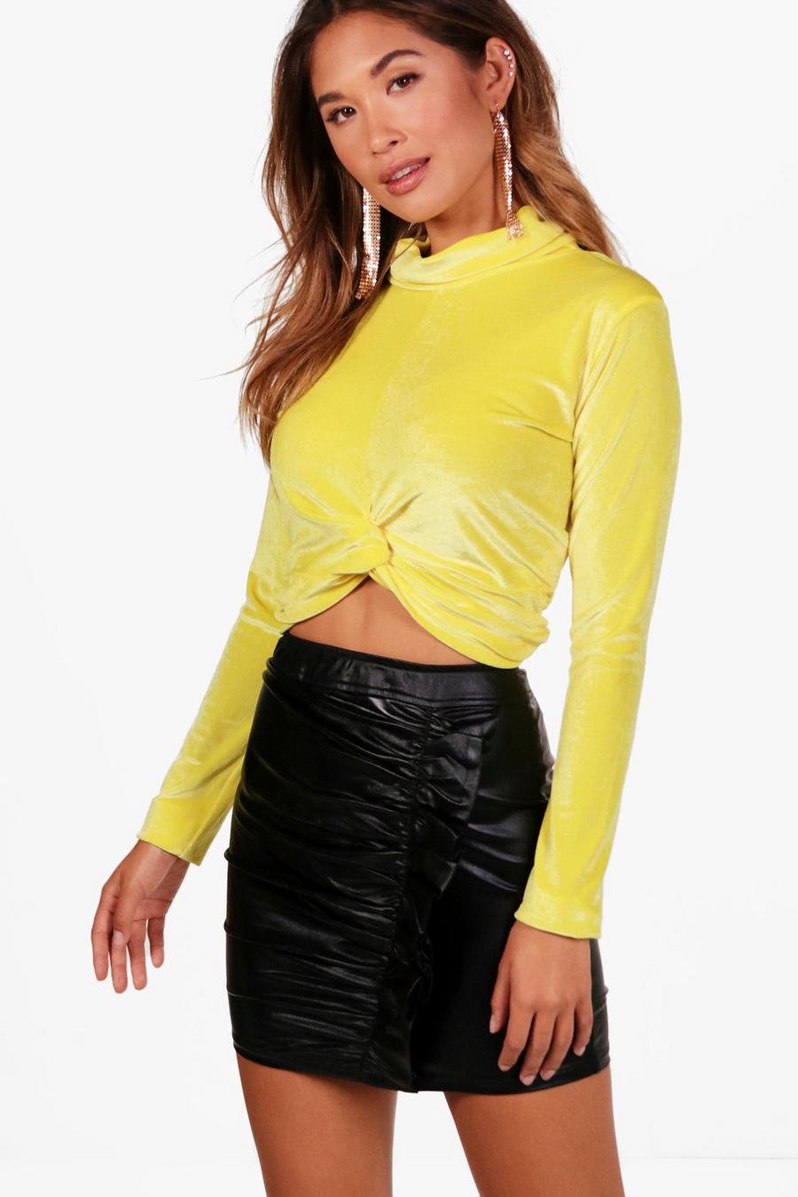 Yellow Knot High Neck Velvet Top image number 1