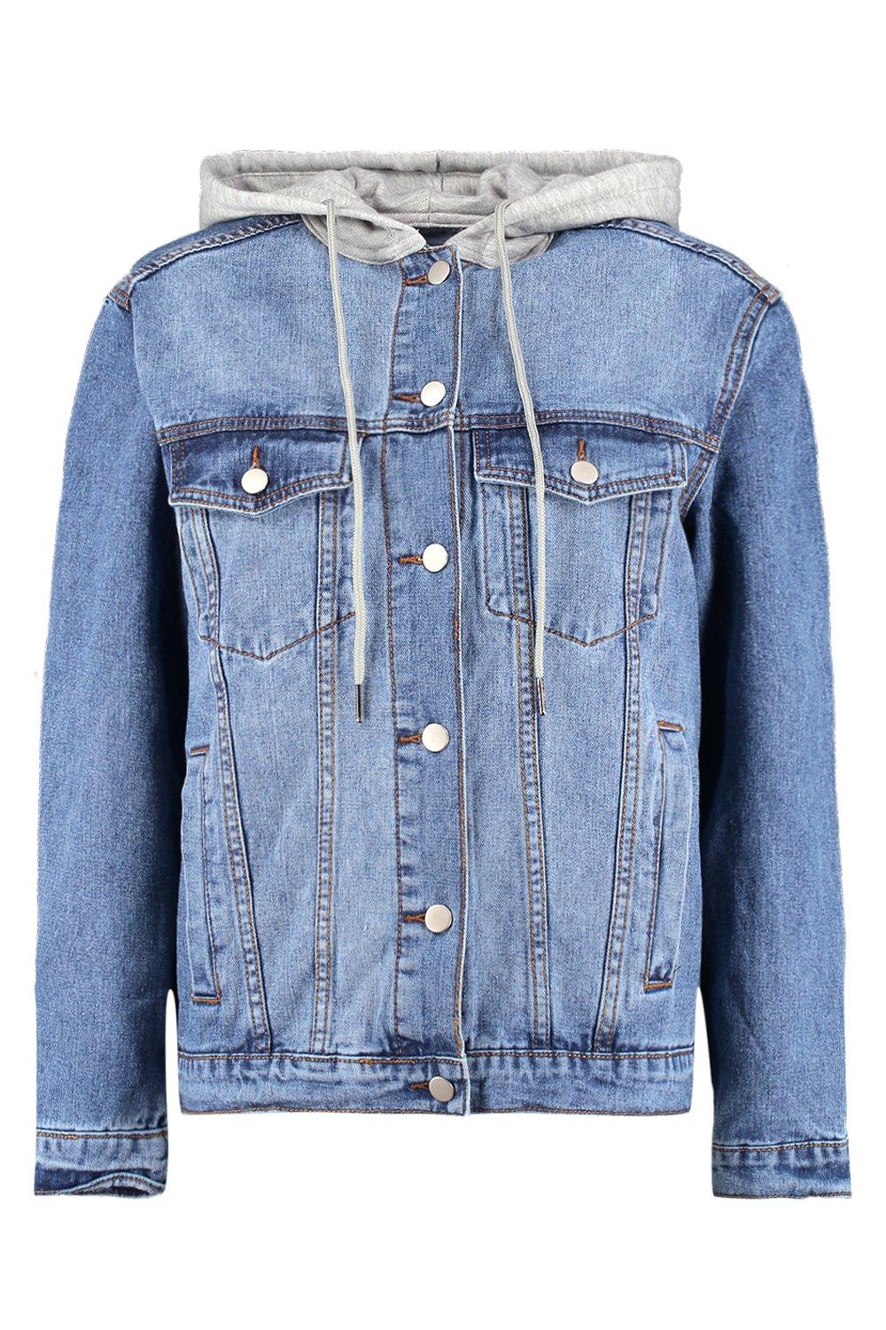 jean jacket with grey hood