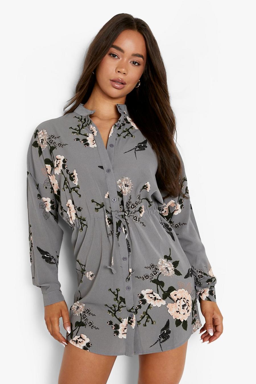 Hemdkleid mit Blumen-Print, Grau
