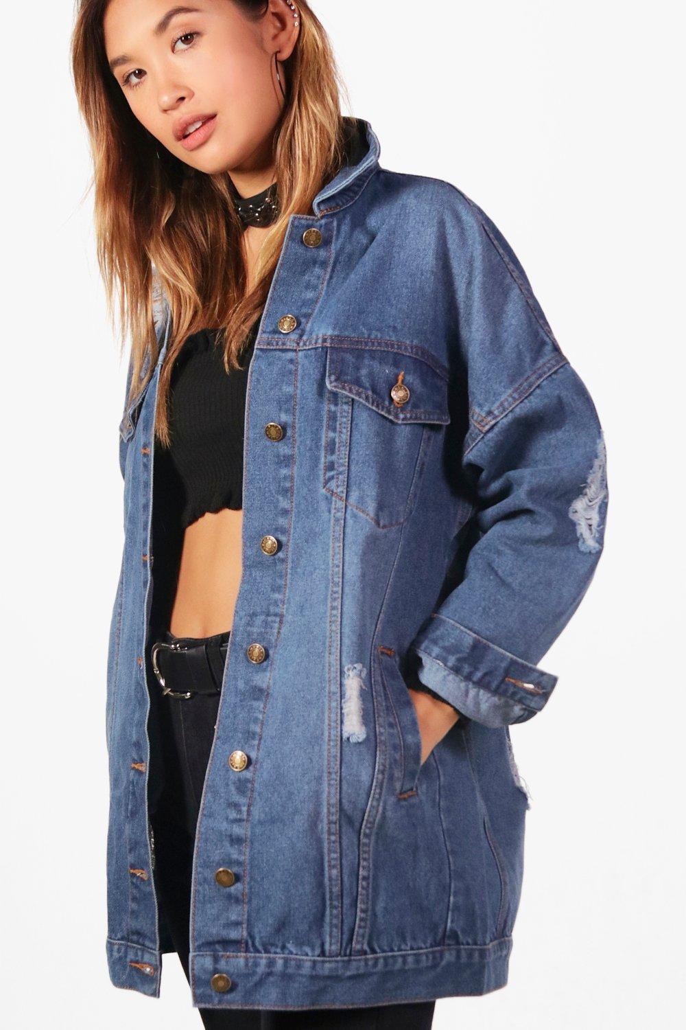 distressed long jean jacket