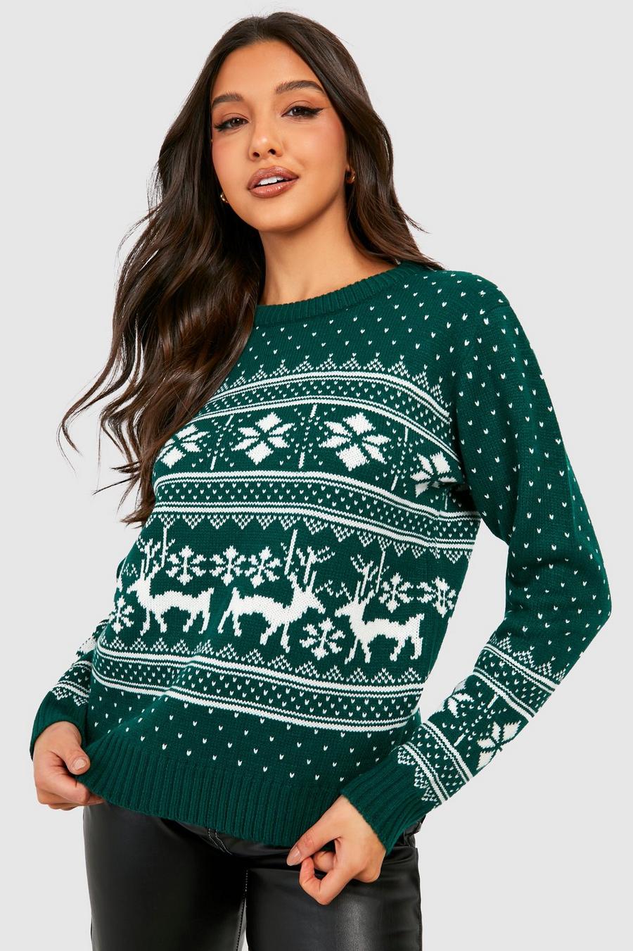 Bottle green Fairisle Snowflake Reindeer Christmas Sweater image number 1