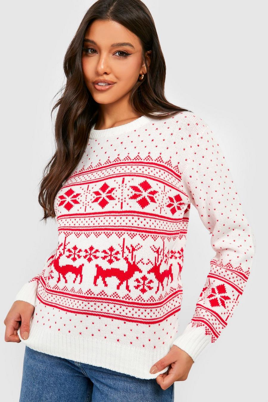 Cream Fairisle Snowflake Reindeer Christmas Jumper image number 1