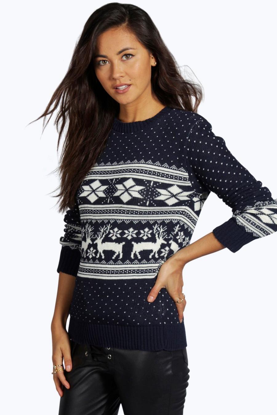 Navy Fairisle Snowflake Reindeer Christmas Sweater image number 1