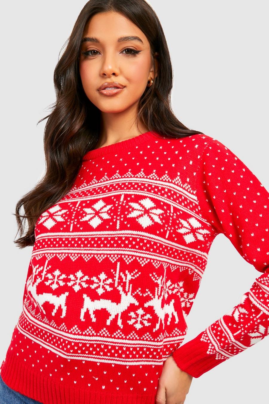 Red Fairisle Snowflake Reindeer Christmas Jumper. casual winter outfit ideas. comfortable christmas party home outfits. holiday party outfits casual. 