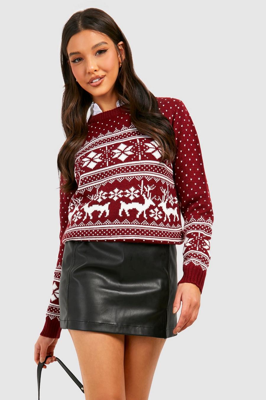 Wine Fairisle Snowflake Reindeer Christmas Sweater