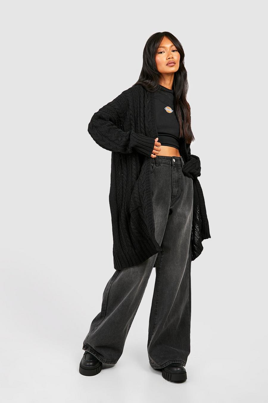 Black Oversized Slouchy Cable Knit Cardigan image number 1