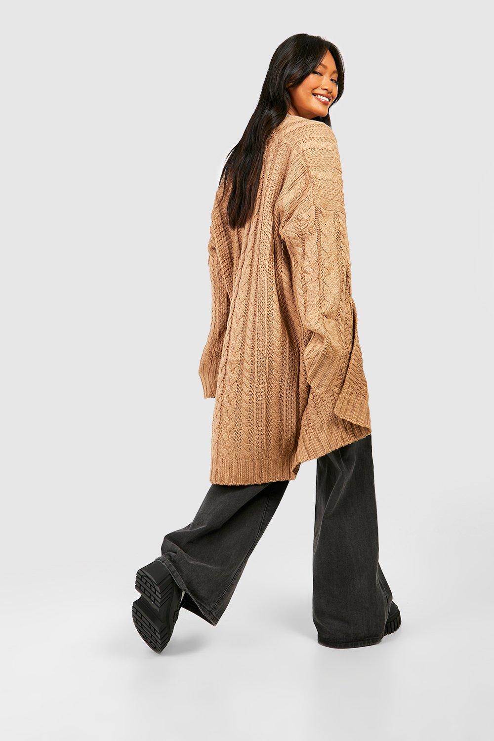 Tres Cozy Light Brown Chunky Cable Knit Oversized Cardigan