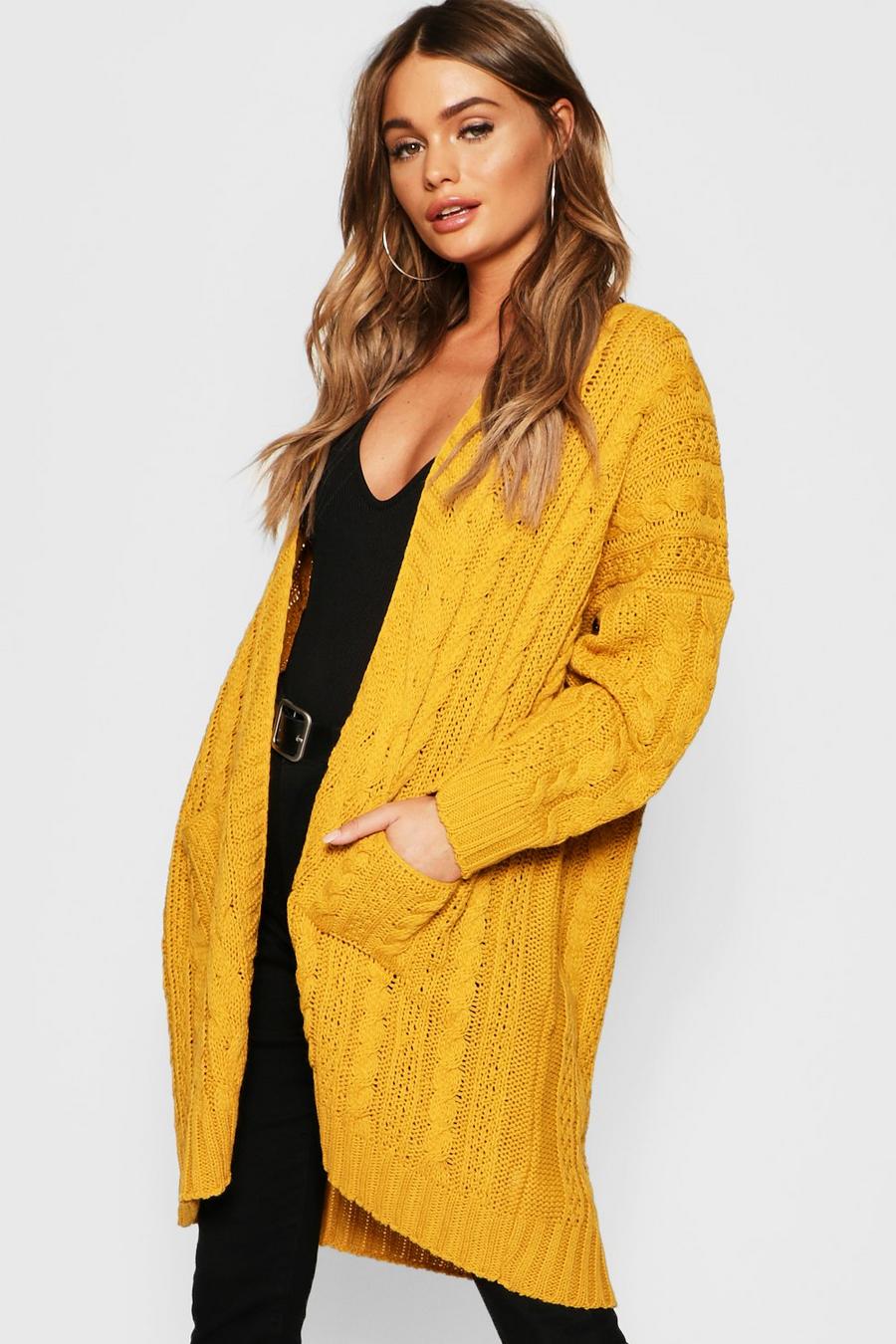 Mustard Oversized Slouchy Cable Knit Cardigan image number 1