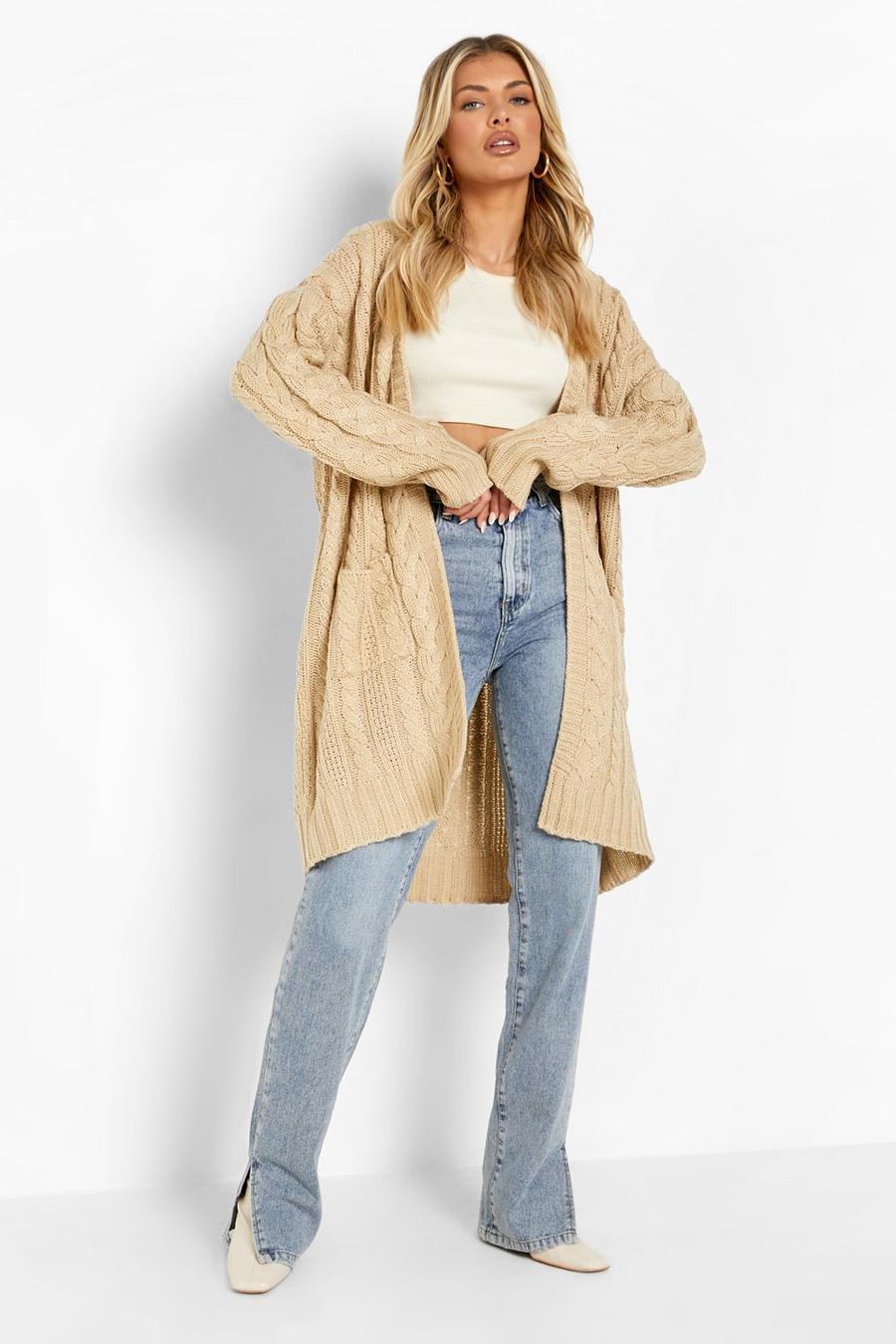 Stone Oversized Slouchy Cable Knit Cardigan image number 1