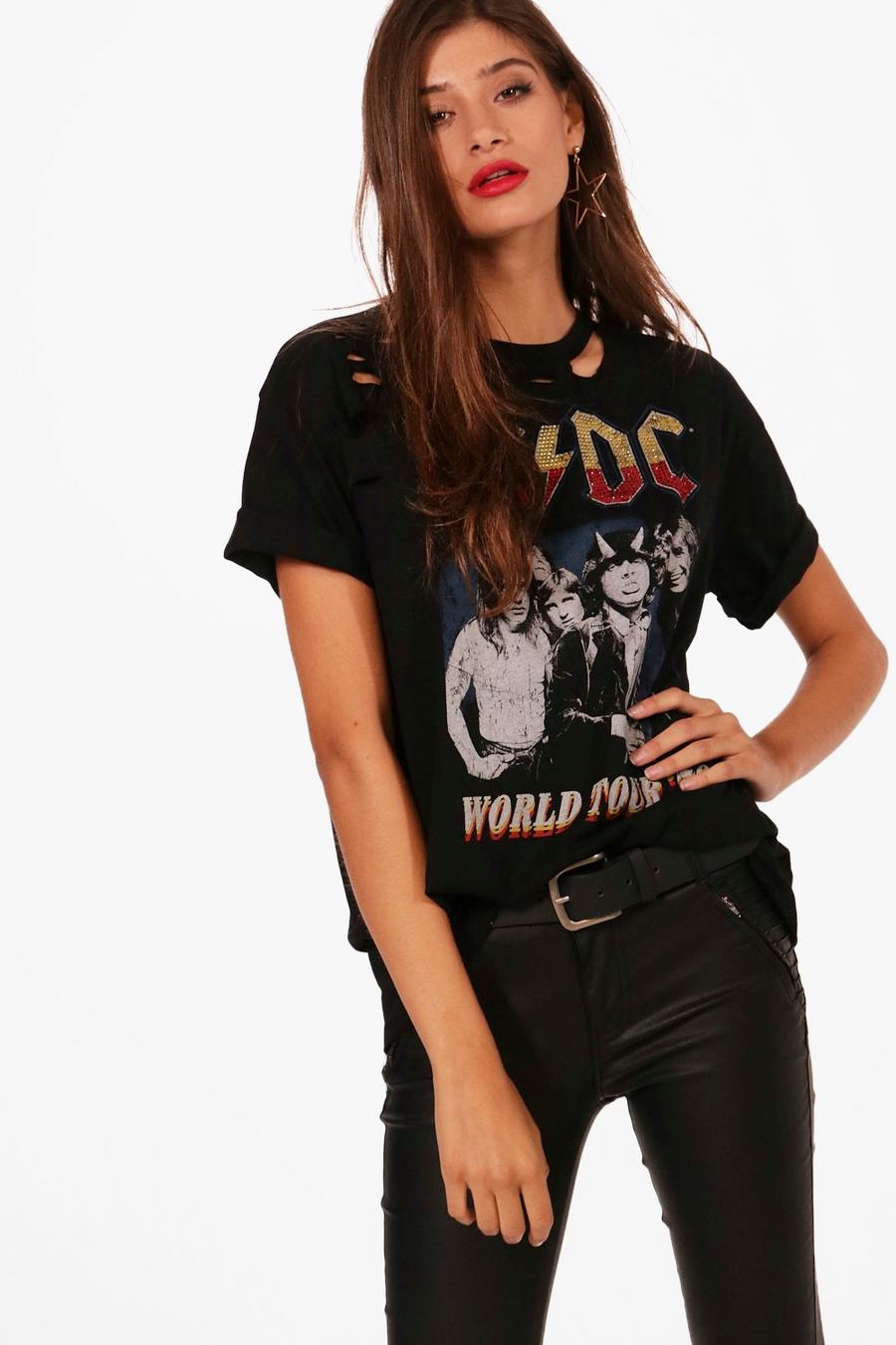 Women's ACDC Licensed Distressed Embellished T-Shirt | Boohoo UK