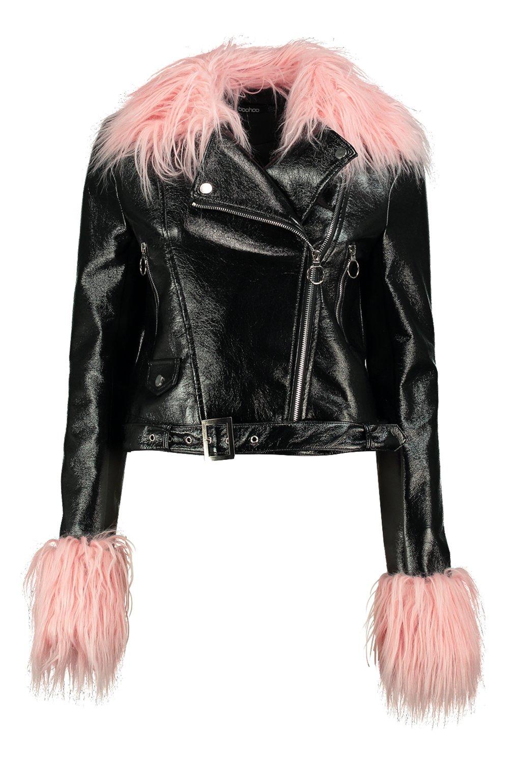 Pink fur biker on sale jacket