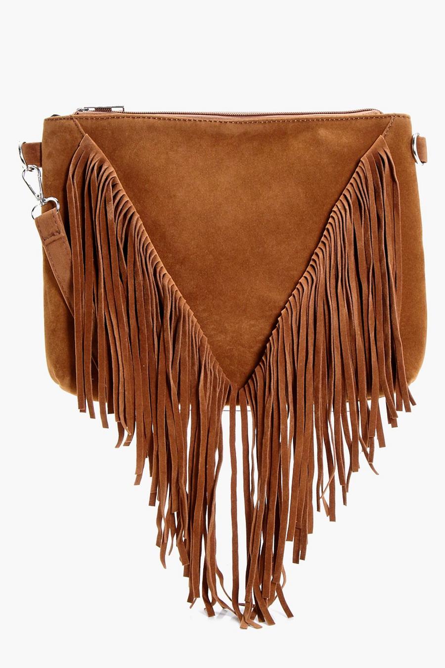 Tan brown Suedette Fringed Cross Body Bag