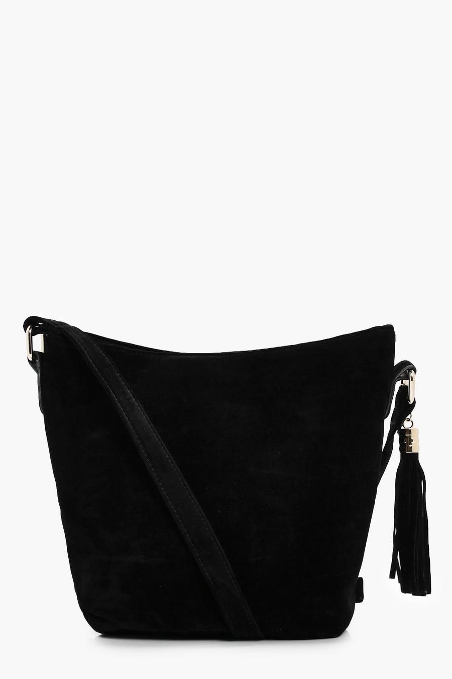 Black Suedette Bucket Crossbody Bag