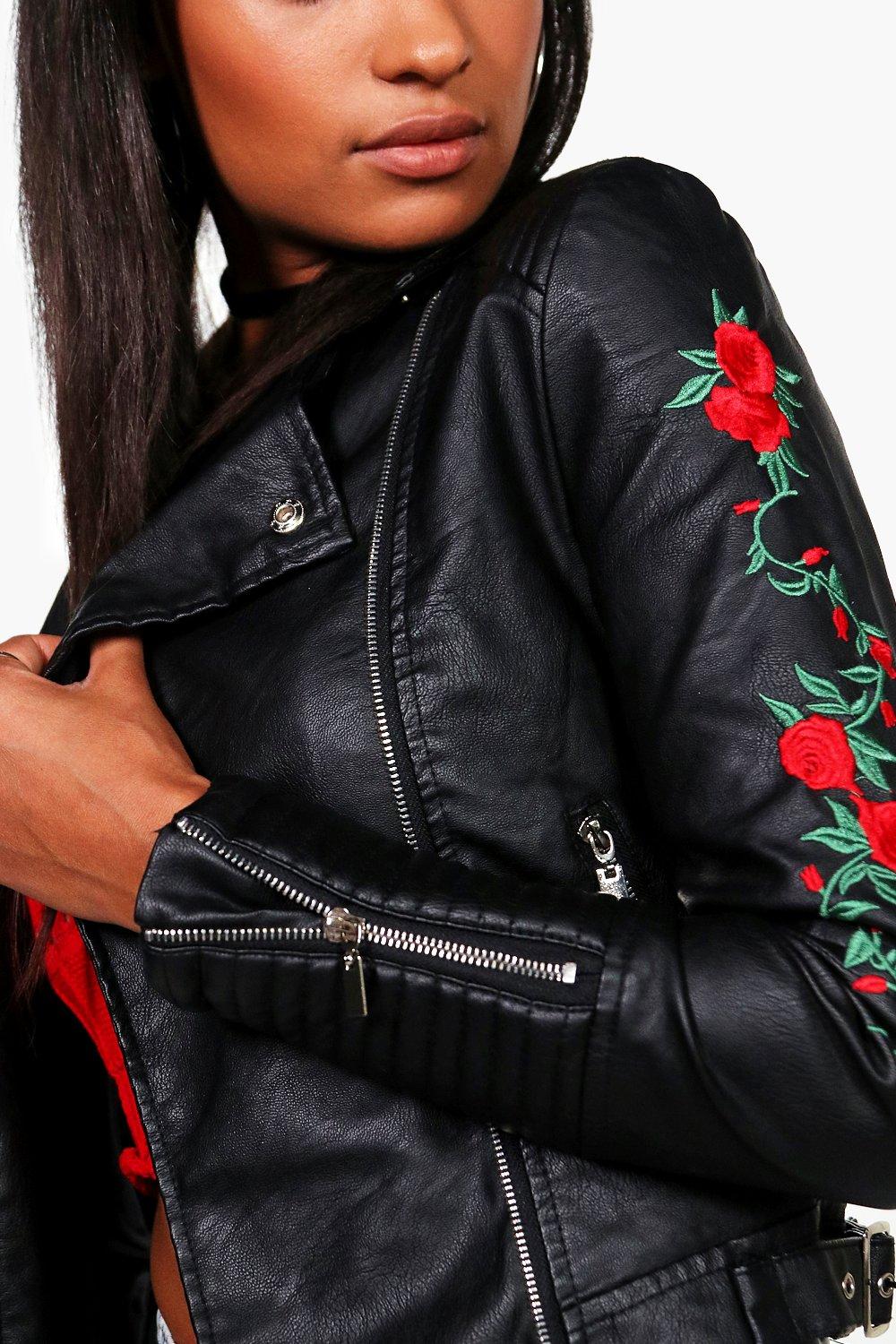 Leather Statement Embroidery Moto Jacket