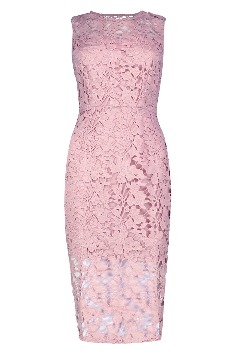 boohoo exclusive sleeveless lace midi dress in pink