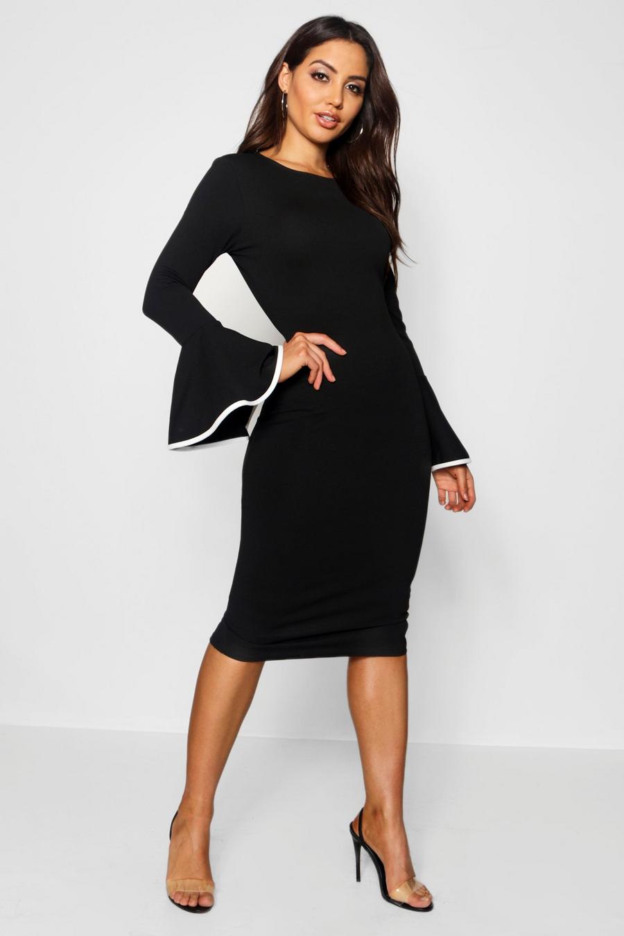 Black Contrast Flared Sleeve Midi Dress image number 1