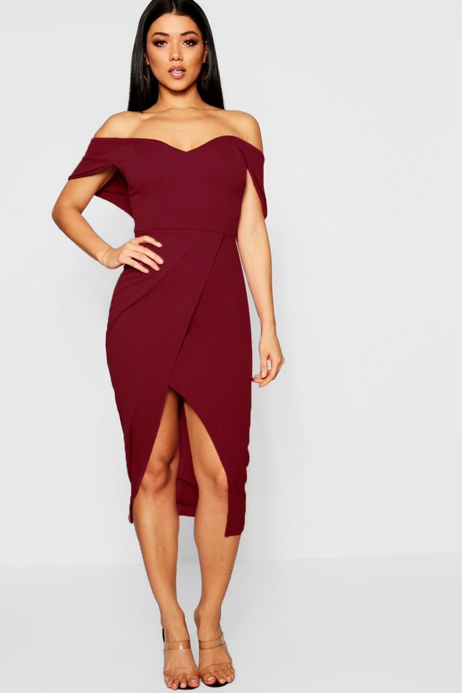 Berry Midi-jurk in wikkelstijl met blote schouder image number 1