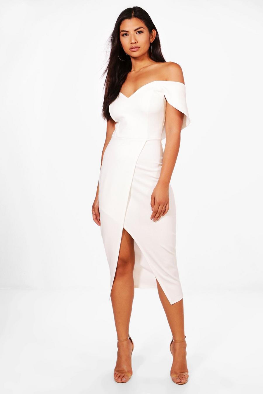 Ivory white Off Shoulder Wrap Skirt Midi Dress image number 1