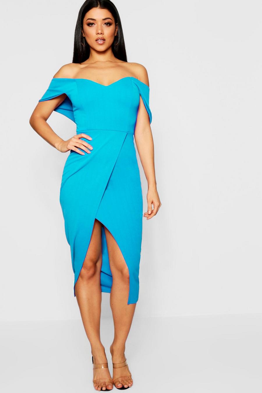 Jade blue Off Shoulder Wrap Skirt Midi Dress image number 1