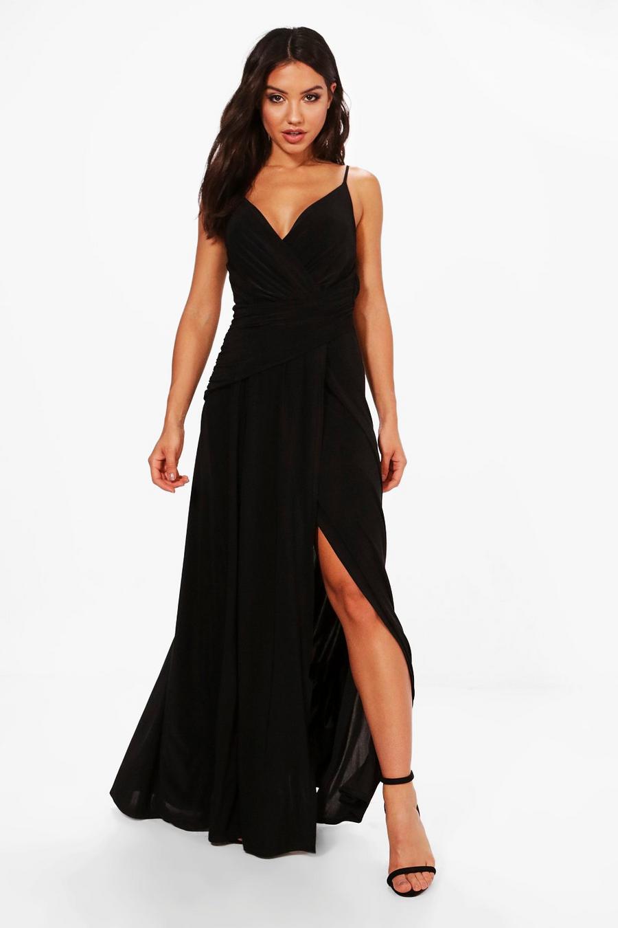 Black svart Slinky Wrap Ruched Strappy Maxi Bridesmaid Dress