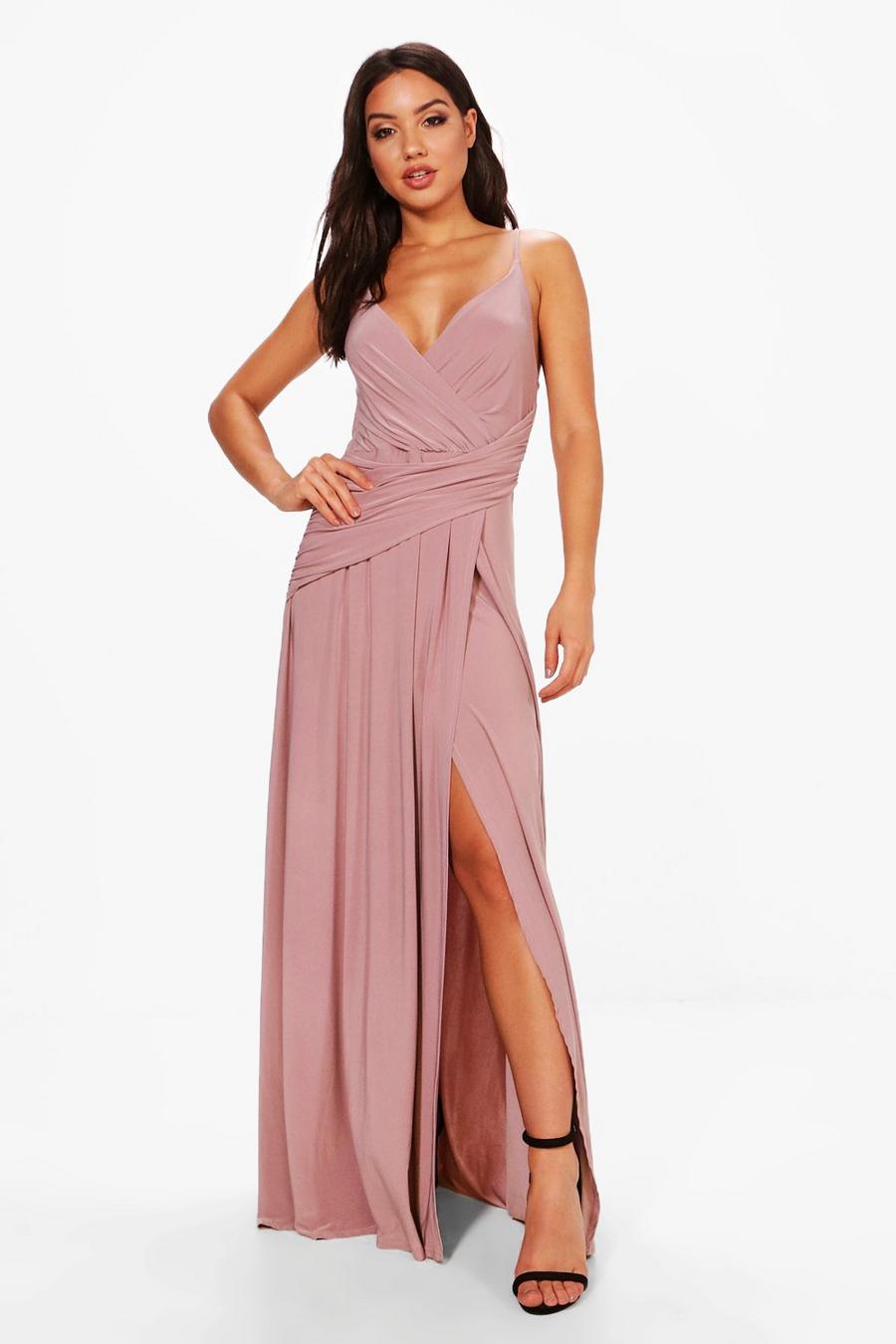 Mauve violett Slinky Wrap Ruched Strappy Maxi Bridesmaid Dress