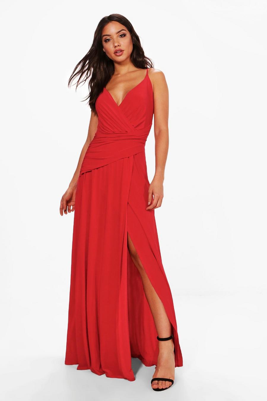 Red rosso Slinky Wrap Ruched Strappy Maxi Bridesmaid Dress image number 1