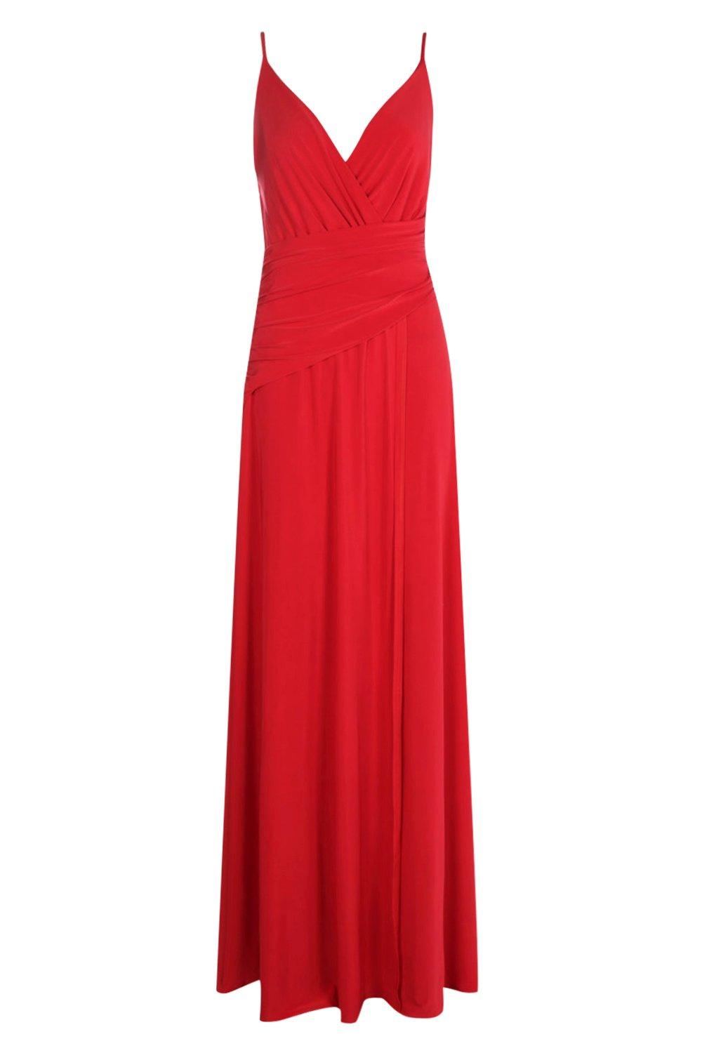 Slinky Wrap Ruched Strappy Maxi Bridesmaid Dress