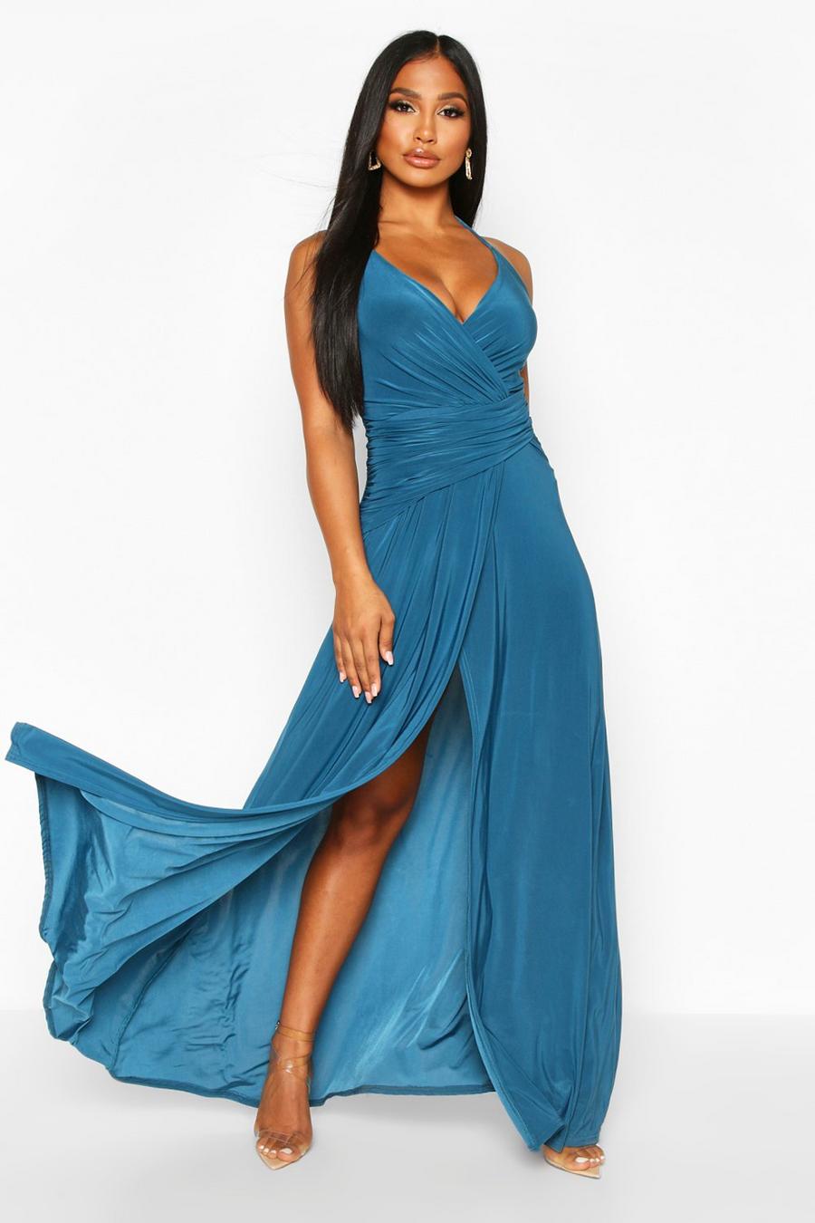 Teal Slinky Wrap Ruched Strappy Maxi Bridesmaid Dress image number 1