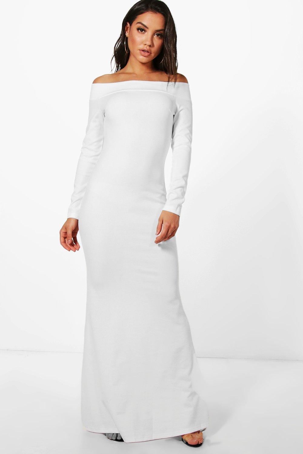 off the shoulder white dress long sleeve