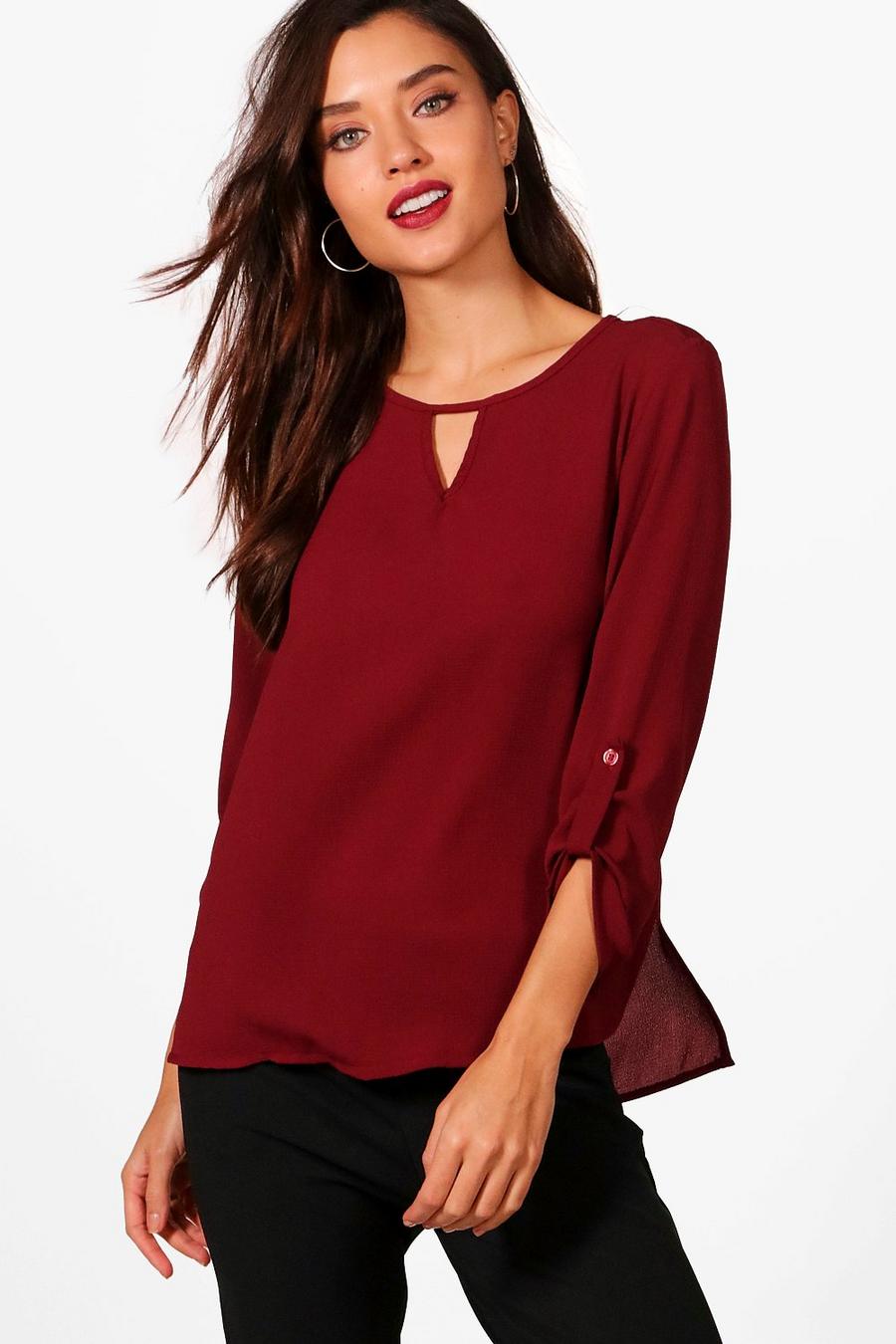 Burgundy Keyhole Chiffon Blouse image number 1