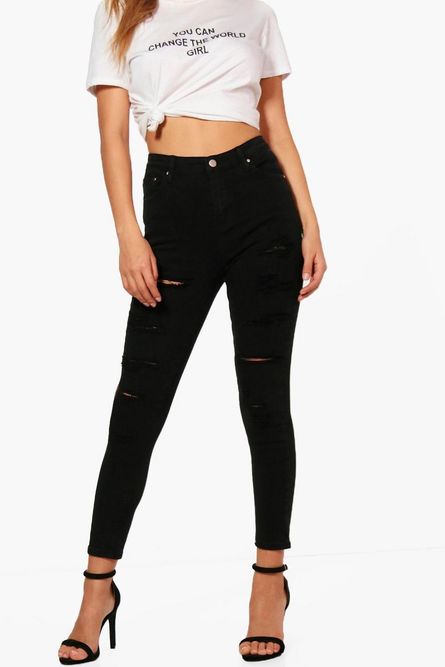 Skinny jeans med slitna detaljer och hög midja image number 1
