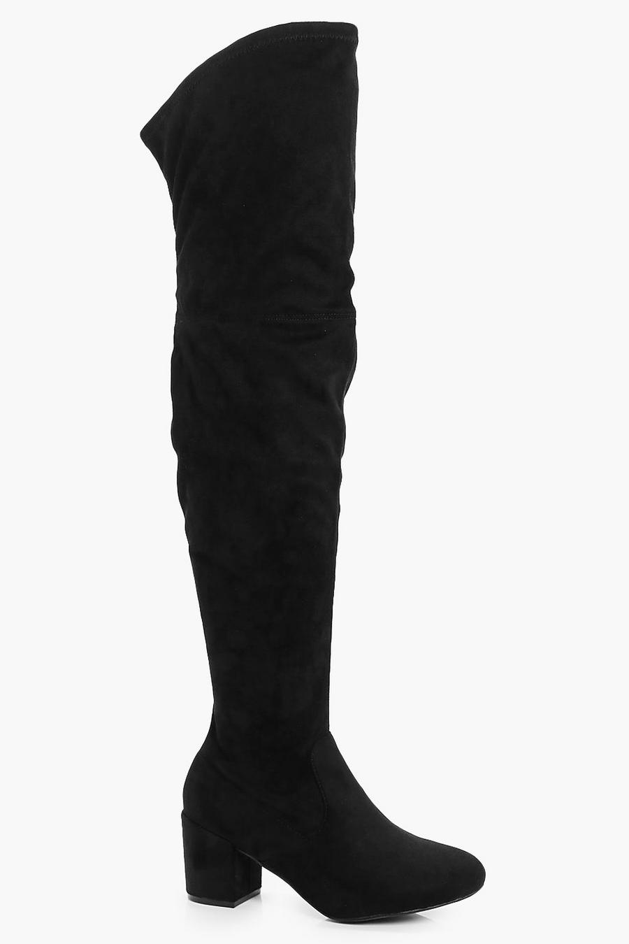 Black Extra Wide Width Block Heel Over The Knee Boots image number 1