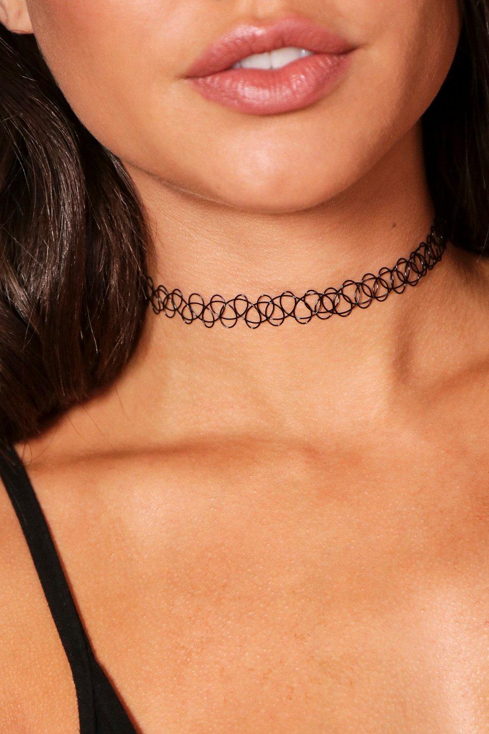 Gold Chain & Black Tattoo Choker Necklaces Set, 5-Piece