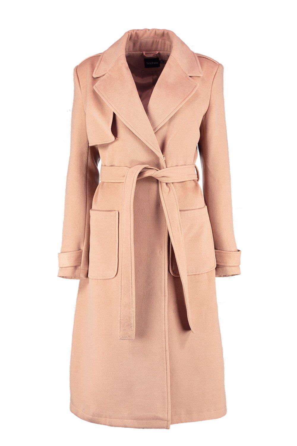 boohoo belted wool look trench