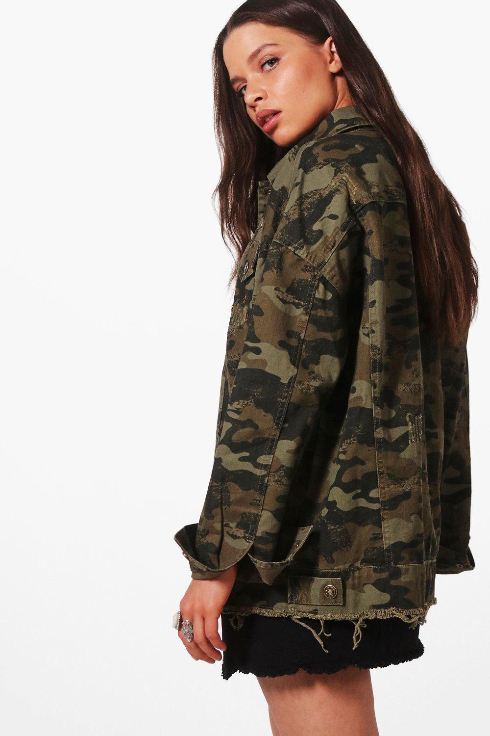 Hooded Oversized Camo Denim Jacket Boohoo