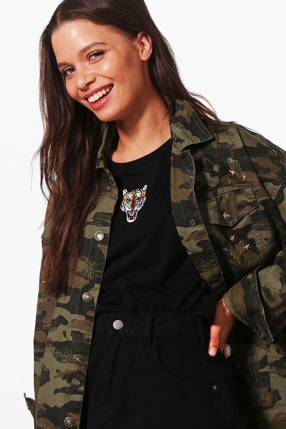 chic camo print studded utility jacket Pink