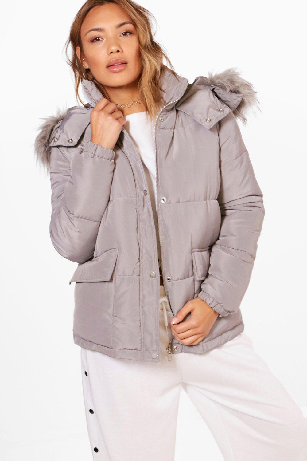 boohoo padded coat with faux fur hood