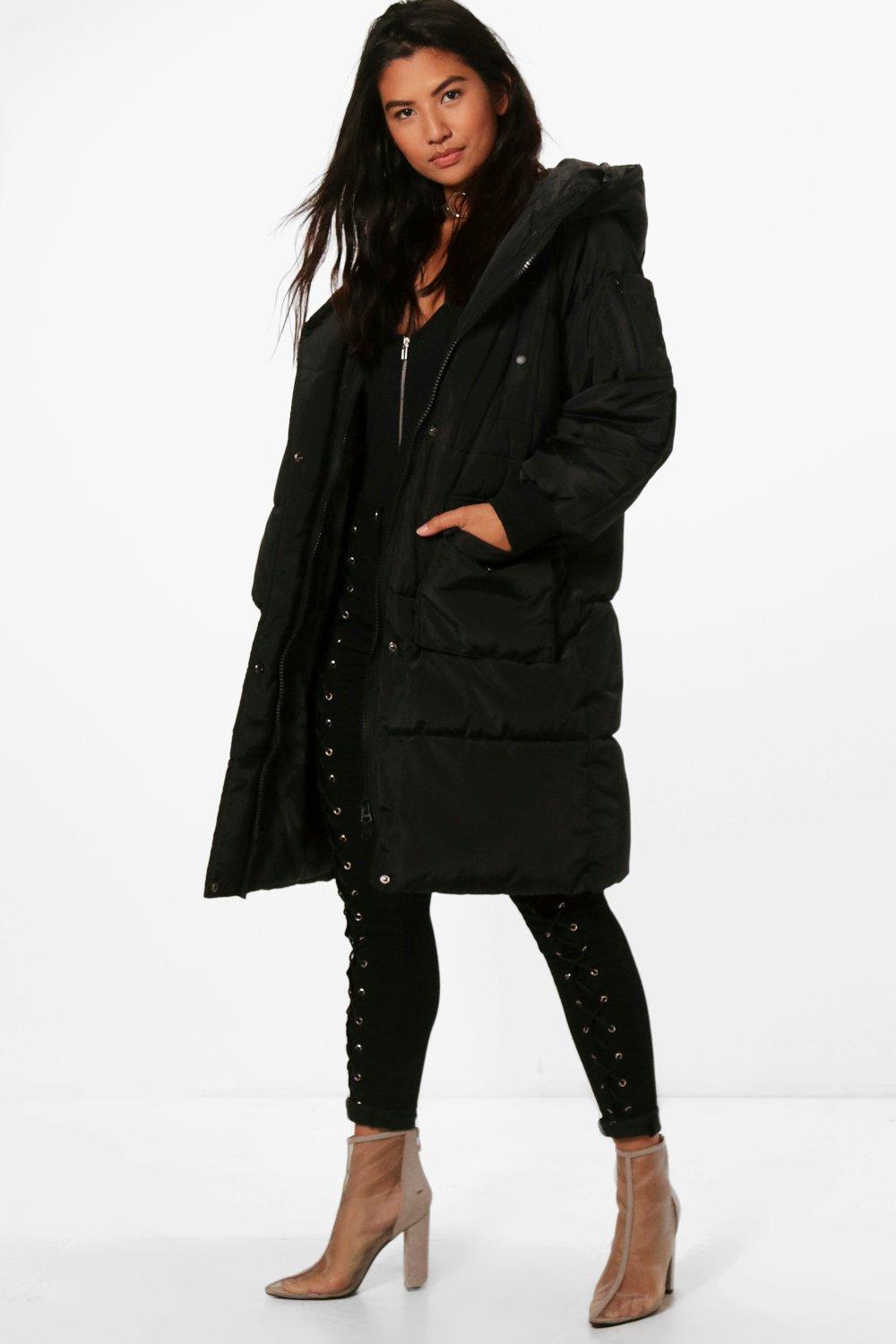 boohoo longline padded coat with hood in black