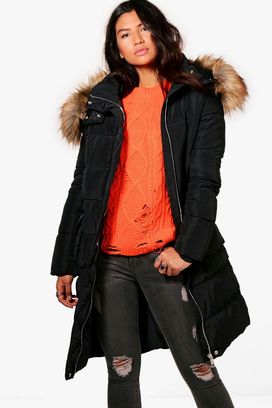 boohoo longline padded coat with hood in black