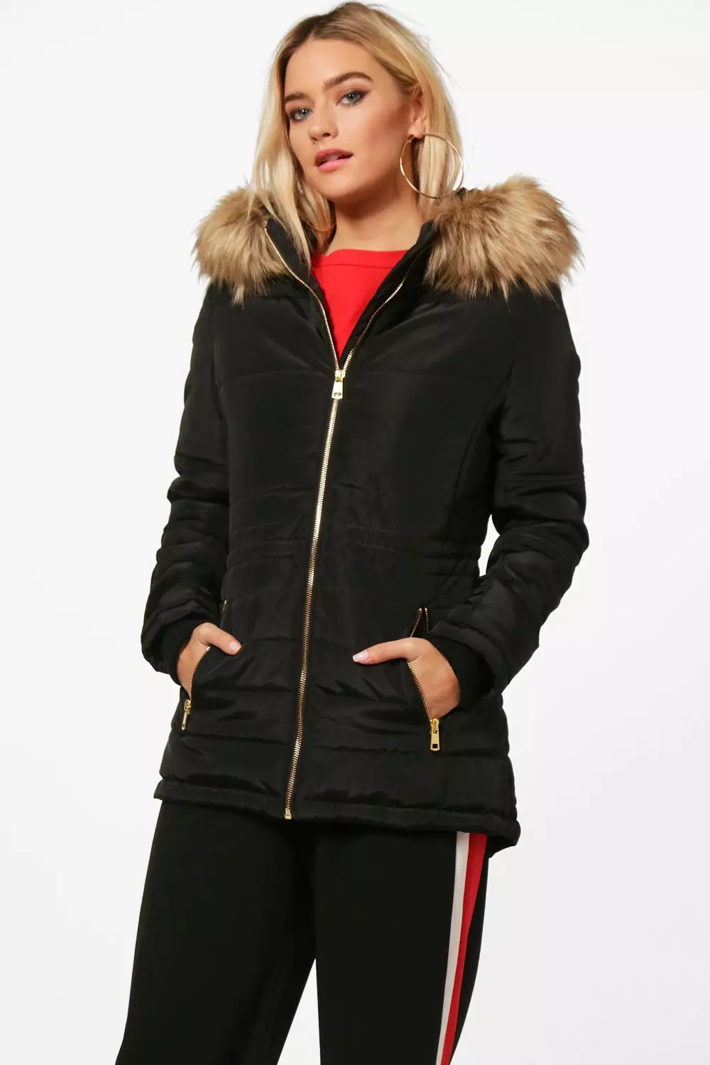 Boohoo quilted jacket shop with faux fur trim