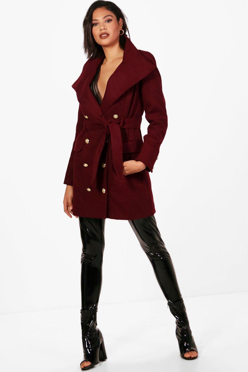 maroon belted coat