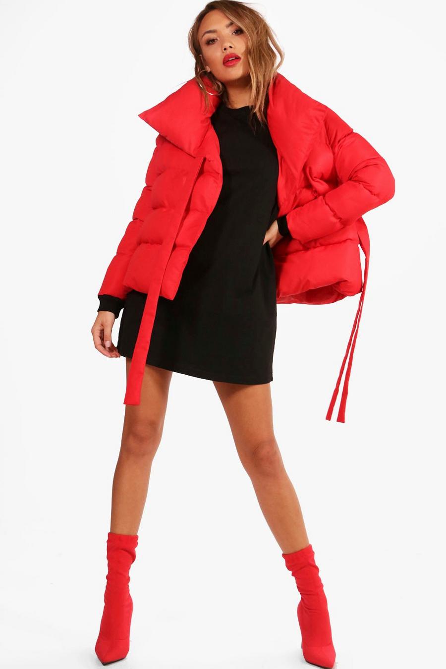 Red Hanna Oversized Collar Padded Tie Front Coat image number 1