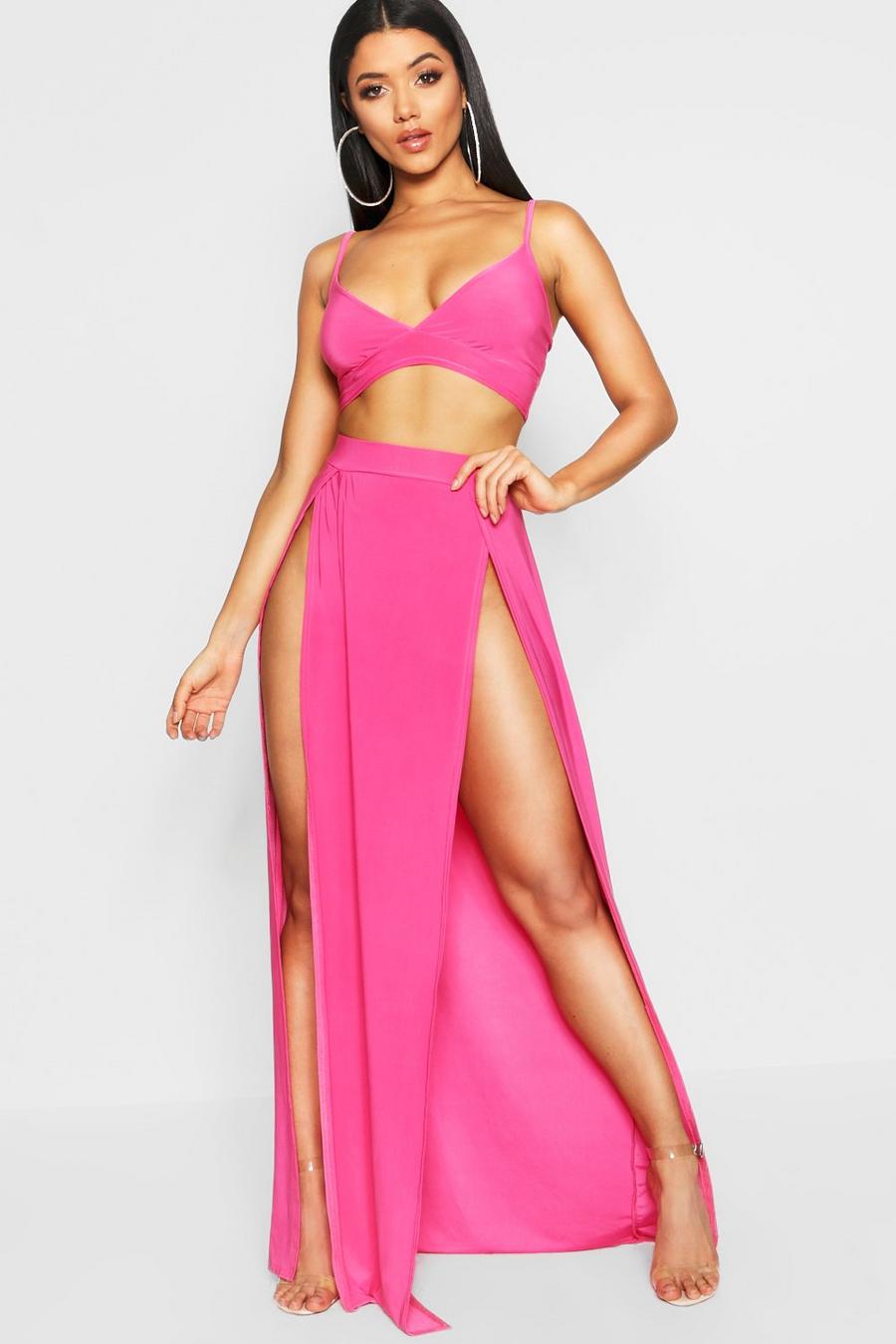 Hot pink Slinky Bralet & Split Maxi Skirt Co-ord Set image number 1