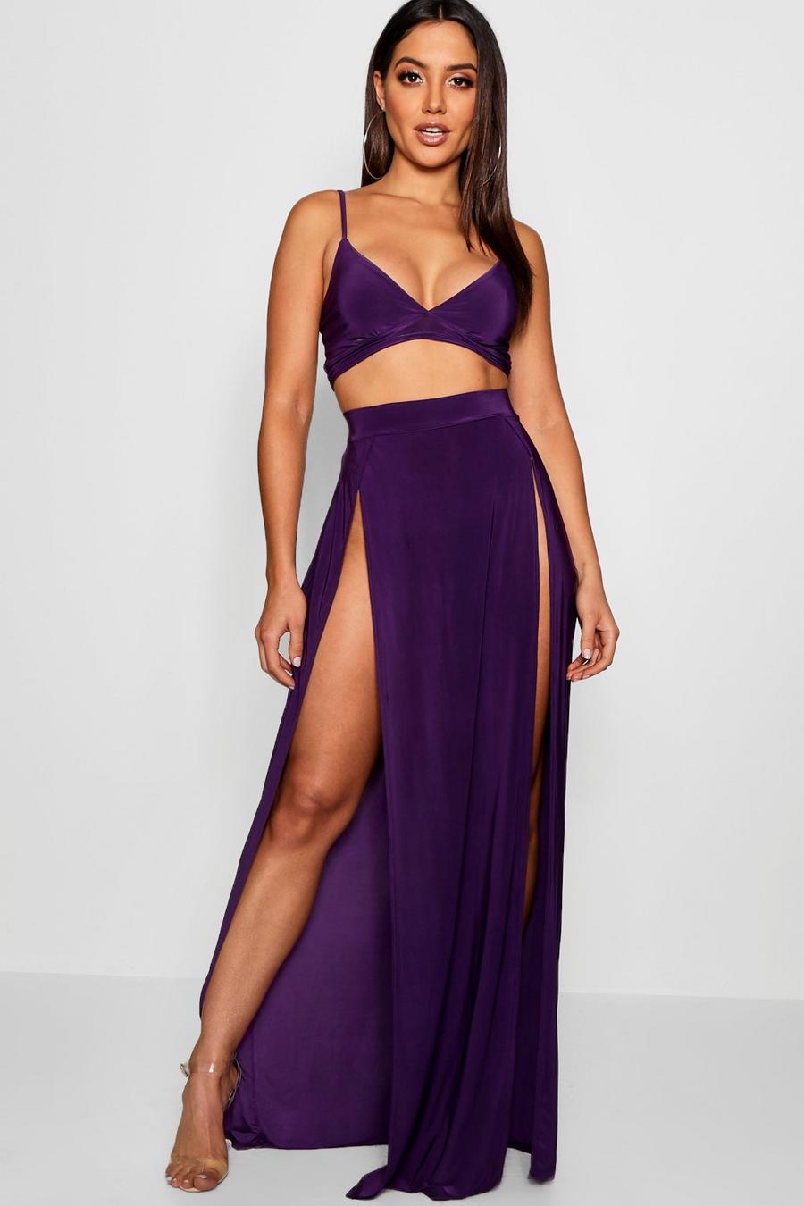 Jewel purple Slinky Bralet & Split Maxi Skirt Co-ord Set image number 1