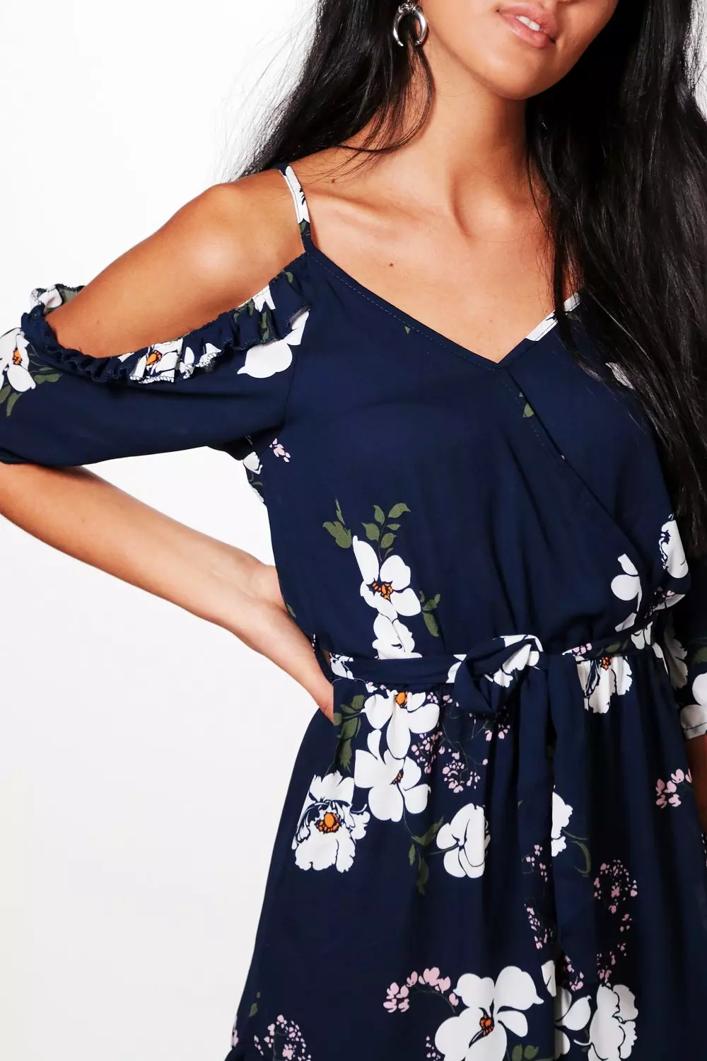 navy blue floral cold shoulder dress