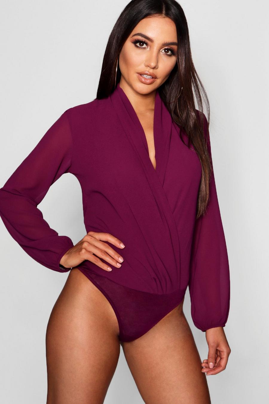 Jewel purple Drape Chiffon Long Sleeve Bodysuit image number 1