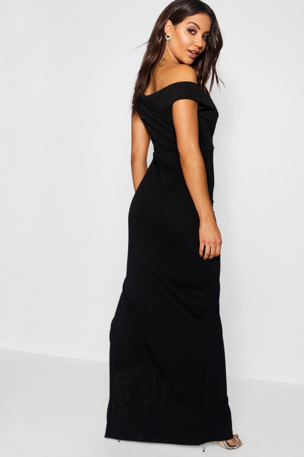 wrap top off shoulder maxi dress