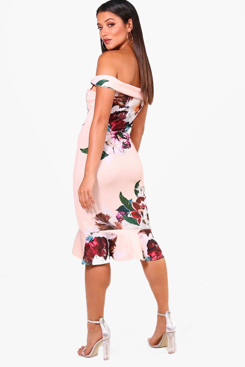 floral bardot frill hem midi dress