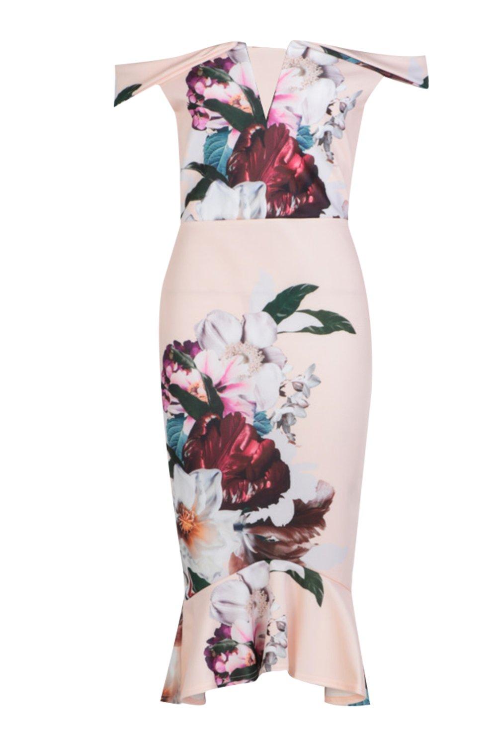 floral bardot frill hem midi dress